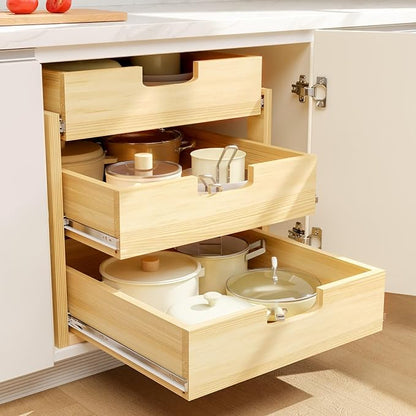 Pull Out Cabinet Organizer, 14''W×21''D Sliding Drawers for Cabinets, 3 Tier Soft Close Slide Out Wooden Pull out Drawers, Base Cabinet Organization for Kitchen, Pantry, Bathroom
