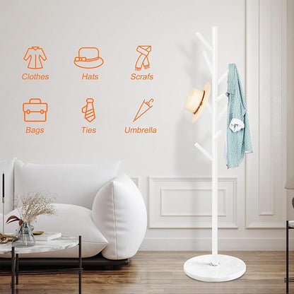 ZOZOE Metal Coat Rack Freestanding, Metal Coat Rack Stand with Natural Marble Base, Modern Coat Racks with 8 Hooks, White Coat Tree Hanger Stand for Jacket, Bag, Entryway, Office