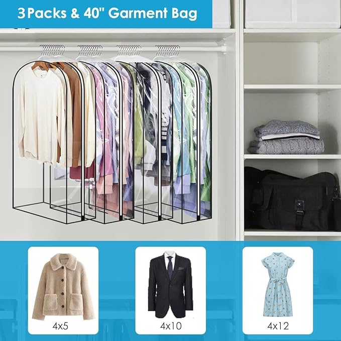 40" Clear Clothes Hangers with Smooth Side Zipper, 10" Gusseted Waterproof Garment Bags for Shirts, Coats, Dresses, Suits, 3 Pack