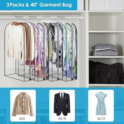 40" Clear Clothes Hangers with Smooth Side Zipper, 10" Gusseted Waterproof Garment Bags for Shirts, Coats, Dresses, Suits, 3 Pack