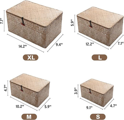 4 Pack, Wicker Baskets with Lids, Nautral Seagrass Storage Baskets, Wicker Storage Baskets for Organizing, Rustic Rectangular Storage Basket, Rattan Storage Organizer for Shelf Whitewash
