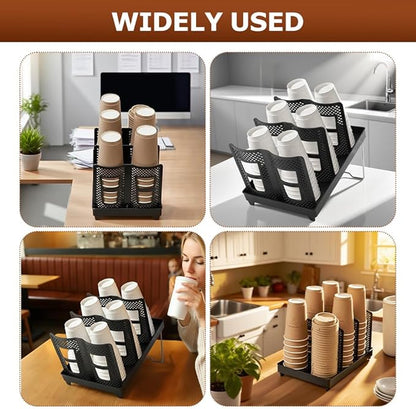 Paper Cup and Lid Holder, Coffee Cup Holder Organizer, 6-Slot Disposable Cups Dispenser with Stand for Coffee Stations, Kitchens, Bars, Restaurants, Lounges(Color:Black)