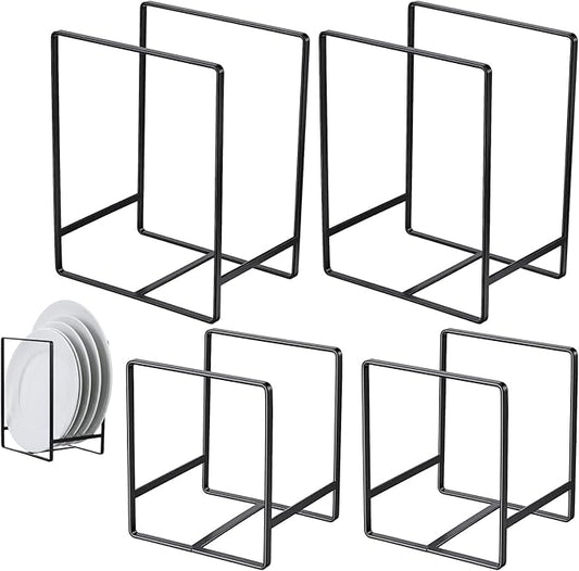 Kifmurase 4 Pieces Plate Organizer for Kitchen Cabinet, Metal Dish Organizers Upright Dish Racks Plate and Bowl Storage Organizer for Pots Pans Cutting Boards (Black, 2 Sizes)