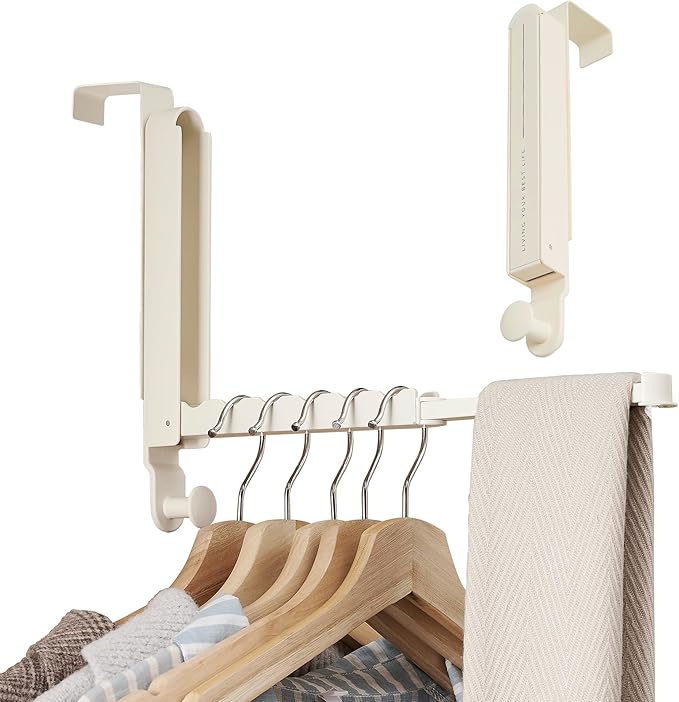 RFOUO Over The Door Hooks Hanger Fit Door up to 1 3/4" Optimal 2pc,Over The Door Hanger with Retractable Rod,Foldable Over The Door Drying Rack for Laundry Bathroom Bedroom (Milky White, 2 Pack)
