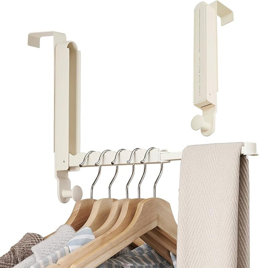 RFOUO Over The Door Hooks Hanger Fit Door up to 1 3/4" Optimal 2pc,Over The Door Hanger with Retractable Rod,Foldable Over The Door Drying Rack for Laundry Bathroom Bedroom (Milky White, 2 Pack)
