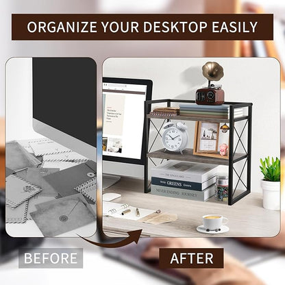YINMIT Desktop Shelf Organizer, 2 Tier Office Shelves, Wood Desk Organizer Storage Rack and Freestanding Display Shelf for Office, Dormitory, Home (Grey)