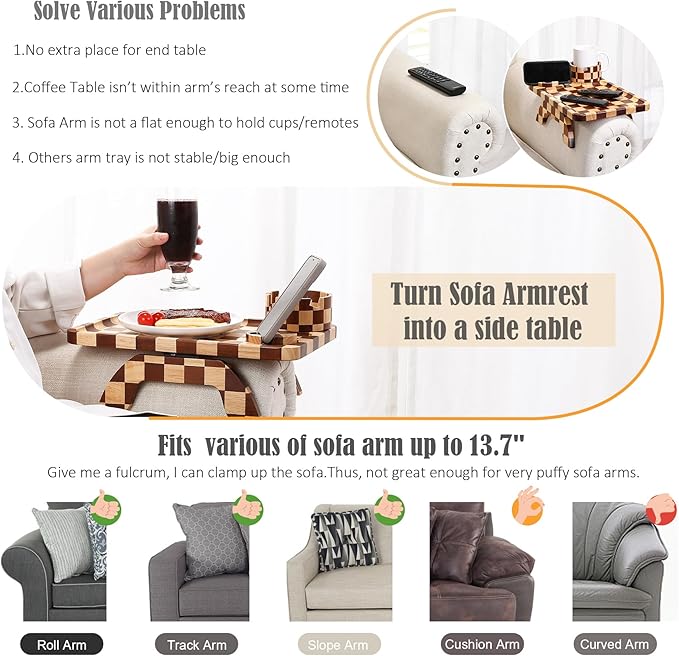 Nnewvante Couch Armrest Tray,3 in 1 Large 15.36"x9.85" Rubberwood Sofa Arm Cup Holder Clip on Side Table with 360°Rotated Phone/Drink Holder
