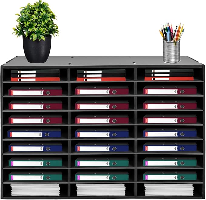 Literature Organizer Sorter,Desktop File Sorter Mail Center Magazine Paper Storage PVC Board File Holder Mailbox Student Classroom Keepers for Home&Office (Black, 27 Slots)