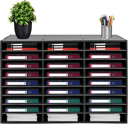 Literature Organizer Sorter,Desktop File Sorter Mail Center Magazine Paper Storage PVC Board File Holder Mailbox Student Classroom Keepers for Home&Office (Black, 27 Slots)