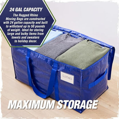 RUGGED RHINO Heavy Duty Extra Large Blue Moving Bags, Durable Bag with Strong Handles and Zipper, Moving Boxes Alternative for College Packing, Holiday Décor, Space Saving Storage with Label, 2 Pack