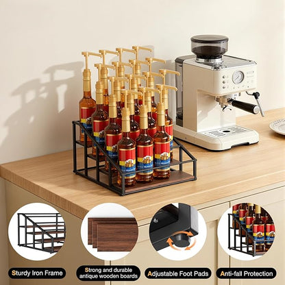 Coffee Syrup Organizer Rack, Liquor Bottle Display Shelf, 4 Tier 16 Syrup Bottles Holder Stand for Coffee Bar Kitchen Small Wine Rack for Family Storage for Syrup Wine Dressing