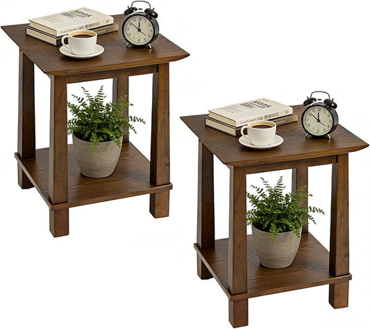 chairus Square Nightstands Set of 2, Modern Accent End Table with 2-Tier Storage Shelf, Solid Wood Small Side Table for Living Room/Bedroom, Walnut