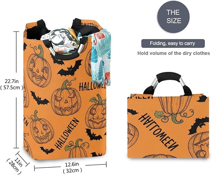 Laundry Hamper Basket Halloween Bats Pumpkin Orange Storage Basket Collapsible Clothes Hamper with Handle Decorative Blanket Basket for Living Room Toys Pillows Clothes