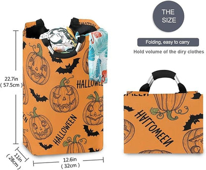 Laundry Hamper Basket Halloween Bats Pumpkin Orange Storage Basket Collapsible Clothes Hamper with Handle Decorative Blanket Basket for Living Room Toys Pillows Clothes