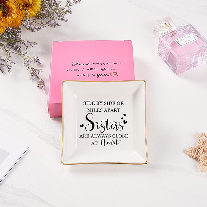 Spegiffu Sister Gifts Trinket Jewelry Dish- Side by side or miles apart, sisters are always close at heart, Sisters Birthday Gifts Mother's Day Valentines Christmas Gift for Sister from Sister