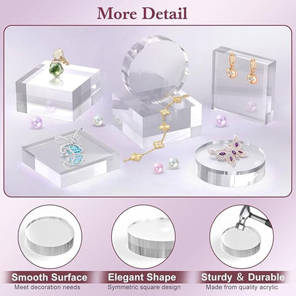Acrylic Base Stand 4 Pieces Acrylic Blocks for Display 4 X 4 X 1 Inch Clear Polished Block Round Cube Riser Display Pedestal Stands for Jewelry Perfume Ring Collection Props Cake