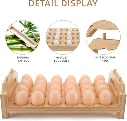 Bamboo Egg Holder 24 Pcs Eggs Rack Countertop Storage, Surface Paint & Handle Design for Kitchen Fresh Egg Holder Countertop and Fridge Egg Organizer