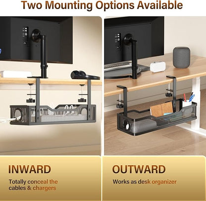 Under Desk Cable Management Large, Cinati 16" Cable Management Box for Table Thickness up to 3", Wire Cord Organizer with Clamp No Drill, No Damage to Desk (Black)
