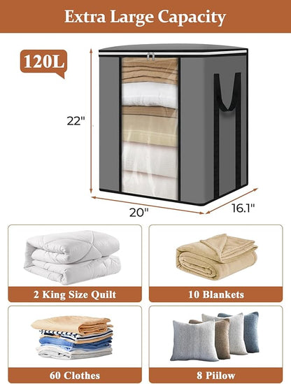 punemi 120L Blanket Storage Bags, Foldable Clothes Storage Organizer with Zipper, Reinforced Handle & Clear windows, Large Storage Bags for Blanket, Comforter, Bedding, Pillow, Clothes, 3Pack, Gray