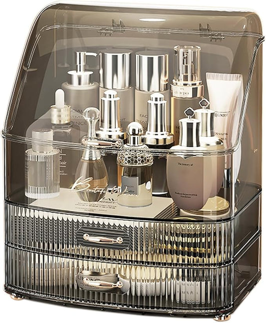 Plukers Makeup Organizer Countertop Vanity with Transparent Lid Drawers Waterproof Dustproof Cosmetic Skincare Bathroom Storage Gift for Women Teens Girls (Clear Black)