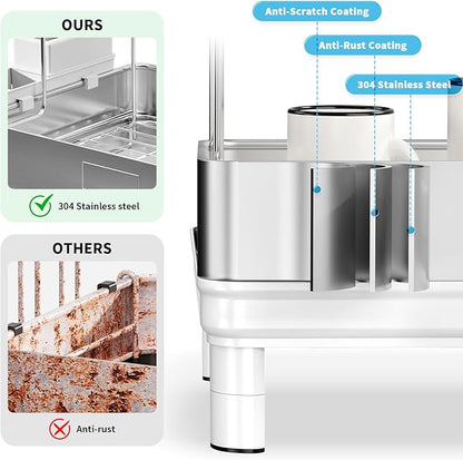 Ewaiira Large Dish Drying Rack, 304 Stainless Steel Dish Racks for Kitchen Counter, Automatic Drainage Spout, Rustproof Kitchen Dish Drainers with Drainboard, Utensil Holder & Glass Holder, White