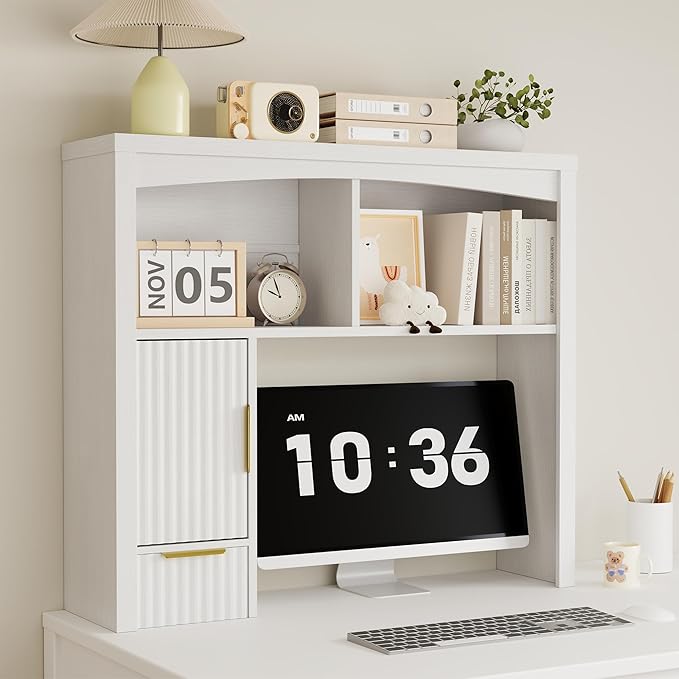 Desktop Shelf, Wooden Desk Hutch with Storage, Desktop Bookshelf with Cabinet and Drawer, Office Desk Organizer, Space-Saving Organization, Over Desk Storage Shelves for Home, Dorm, White