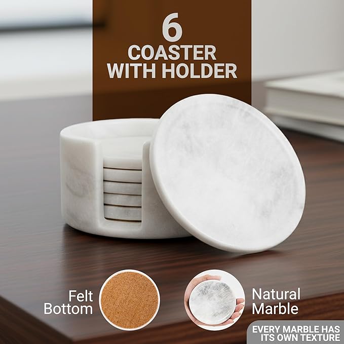 Marble Coaster Set of 6-3.7" Round Marble Drink Coasters, Cork Backing Non-Slip, Office Protect Tables from Stains and Scratches, Coral