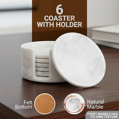 Marble Coaster Set of 6-3.7" Round Marble Drink Coasters, Cork Backing Non-Slip, Office Protect Tables from Stains and Scratches, Coral