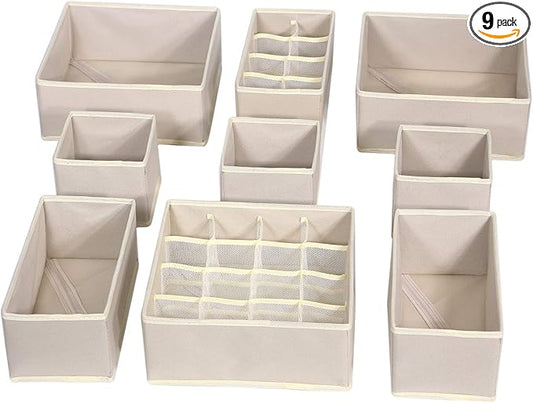 9 Pack Foldable Drawer Organizer Dividers Cloth Storage Box Closet Dresser Organizer Cube Fabric Containers Basket Bins for Underwear Bras Socks Panties Lingeries Nursery Baby Clothes Beige