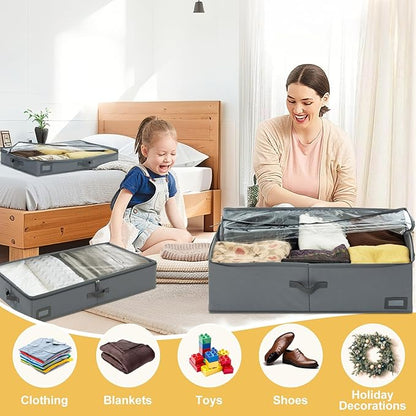 PLUMGEAN 10-Inch Under Bed Storage Containers (2-Pack) | Sturdy Sidewalls | Clear Cover & Label Holder | Foldable Fabric Closet Bin Organizer | Stores Clothing/Blankets/Sweaters/Sheets