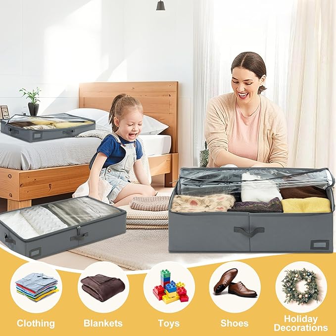 PLUMGEAN 10-Inch Under Bed Storage Containers (3-Pack) | Sturdy Sidewalls | Clear Cover & Label Holder | Foldable Closet Organizer | Stores Clothing/Blankets/Wrapping Paper/Toys