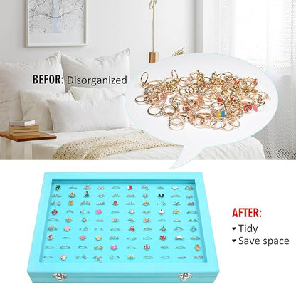Rings Organizer Tray 100 Slot Velvet Ring Earring Storage Box TranSparent Cover Jewelry Store Ring Display Box Jewelry Display Cabinet for Girl Wife Mother