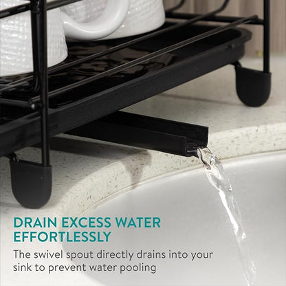 Navaris Expandable Dish Rack - Adjustable Draining Board for Drying Dishes - Removable Plates and Cutlery Holder - Kitchen Sink Washing Up Drainer with Plug and Drip Tray - Black
