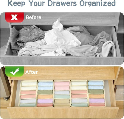 Qozary 3 Pack Sock Underwear Drawer Organizer Dividers, Non-Woven Fabric Collapsible Cabinet Closet Storage Boxes for Clothes, Socks, Lingerie, Underwear, Tie, Belt, Baby, Bedroom (Beige, 6 Cells)