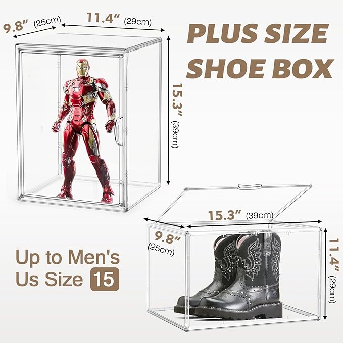 DAYOOH 2 Pcs Shoe Display Case, XX-Large Tall Boot Storage Box Transparent Handbag Organizer for Closet Acrylic Shoe Box Clear Plastic Stackable Sneaker Collectibles Case with Detachable Divider