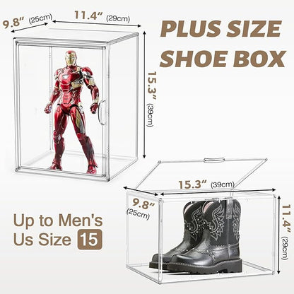 DAYOOH 2 Pcs Shoe Display Case, XX-Large Tall Boot Storage Box Transparent Handbag Organizer for Closet Acrylic Shoe Box Clear Plastic Stackable Sneaker Collectibles Case with Detachable Divider