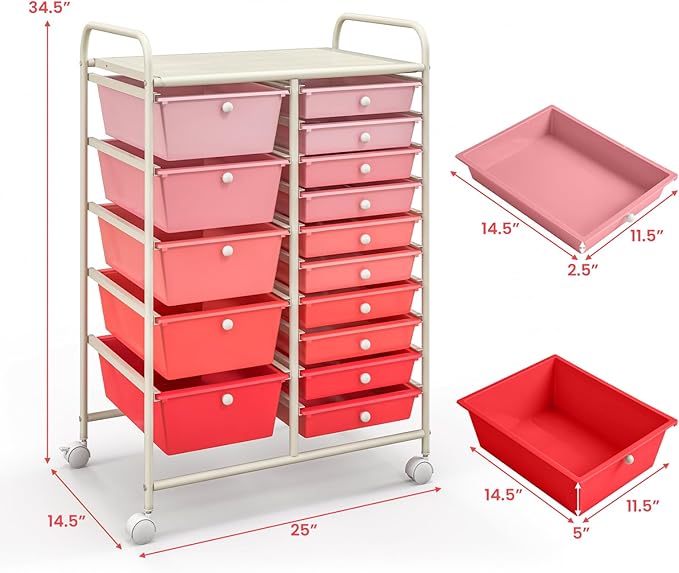 KOTEK 15-Drawer Rolling Storage Cart, Multipurpose Mobile Utility Cart with 4 Wheels, Home Office School Tools Scrapbook Paper Organizer (Pink)