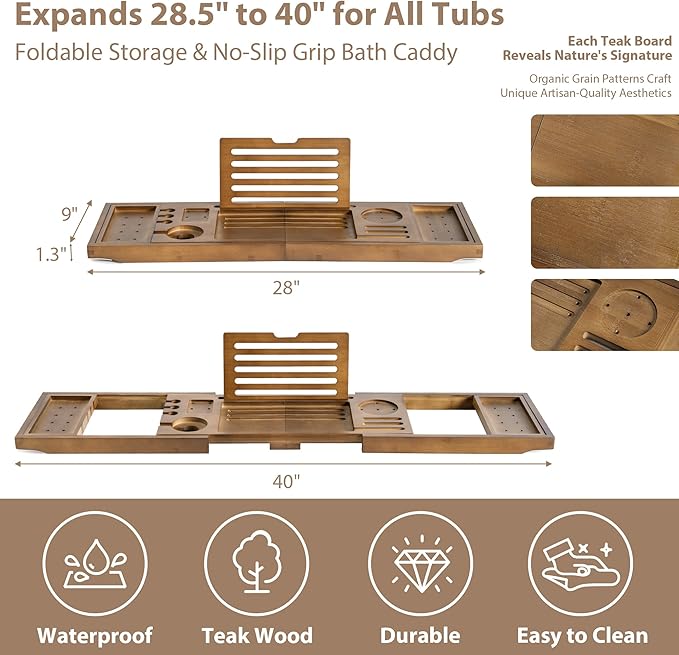 Realgulf Bamboo Bathtub Tray Caddy - Splash-Proof Adjustable (28.5-40") with Wine Holder, Tablet Stand & Non-Slip Grip | Spa-Grade Organizer for Bath Essentials & Reading- Walnut