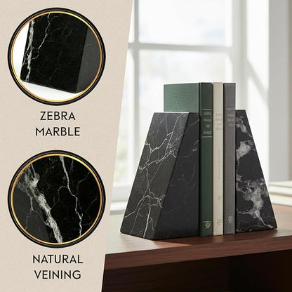 Bey-Berk White Triangular Marble Bookends – Heavy-Duty Wedge Design, Modern Office and Bookshelf Organizer