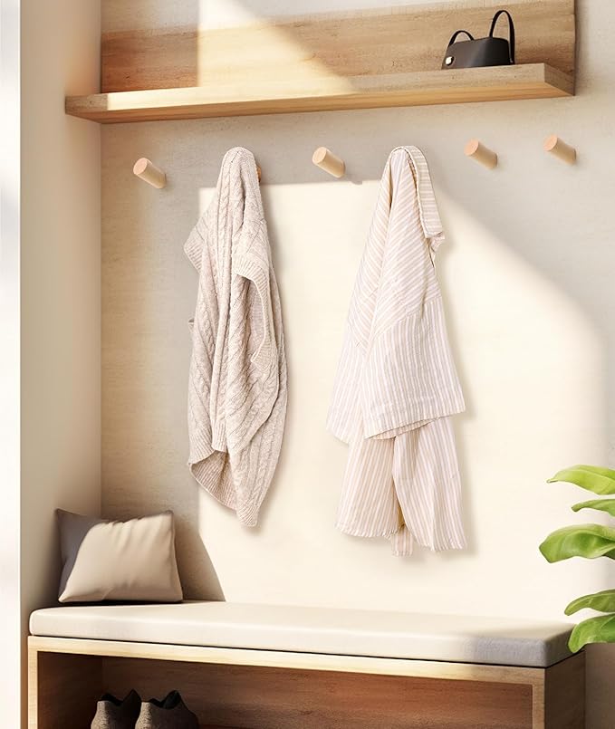 Wood Wall Hooks for Hanging, 4 Pack Hat Hook for Walls, Coat Hook Wall Mount, Backpack Hooks for Walls, Bathroom Towel Hanger (Natural)