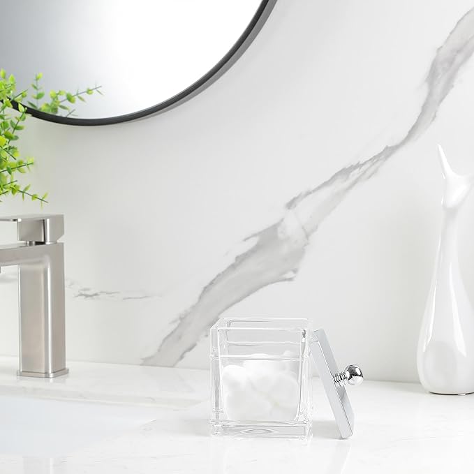 Indecor Home Apothecary Glass Cotton Jar Holder Silver Stainless Steel Lid, Elegant Bathroom Storage Canister for Qtips, Cotton Balls, Floss, Makeup Organizer, Vanity Bathroom Organization