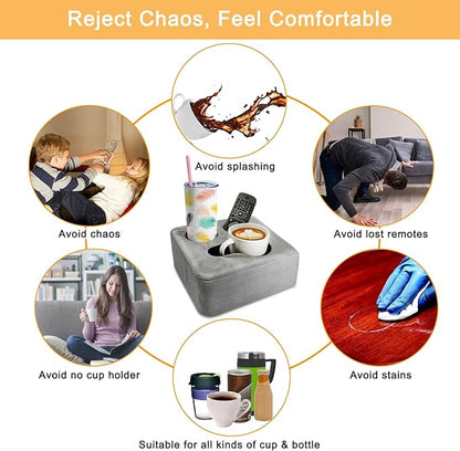Couch Cup Holder Pillow Tray & Caddy - for Sofa, Bed, Car, Man Cave | Keep Drinks at Hand & Spill-Proof Accessories for New Parents, Camping, Park, Boat, Beach, Bathroom Cup Holder, Gray