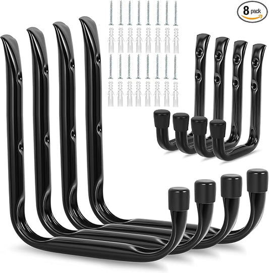 8-Pack Heavy Duty Garage Hooks for Hanging 50 lbs, 8” & 3.5” J Utility Hooks for Garage, Large Metal,Heavy Duty, Black