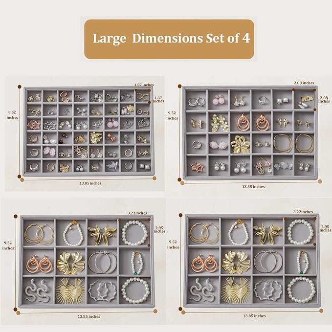 KATISYIO Large Jewelry Drawer Organizer Trays Set of 4, Stackable Velvet Jewelry Trays Organizer Holder Display Storage Showcase for Earring Necklace Bracelet Ring Accessary (Gray, 12+12+24+48 Grids)