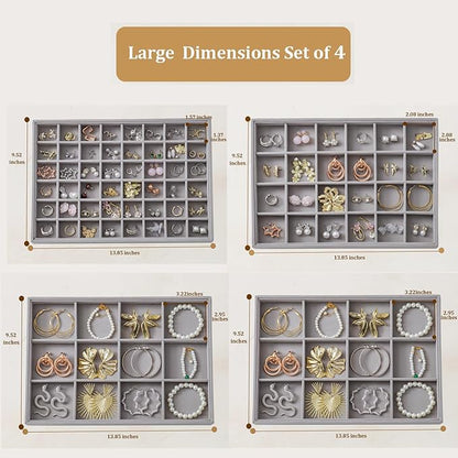KATISYIO Large Jewelry Drawer Organizer Trays Set of 4, Stackable Velvet Jewelry Trays Organizer Holder Display Storage Showcase for Earring Necklace Bracelet Ring Accessary (Gray, 12+12+24+48 Grids)