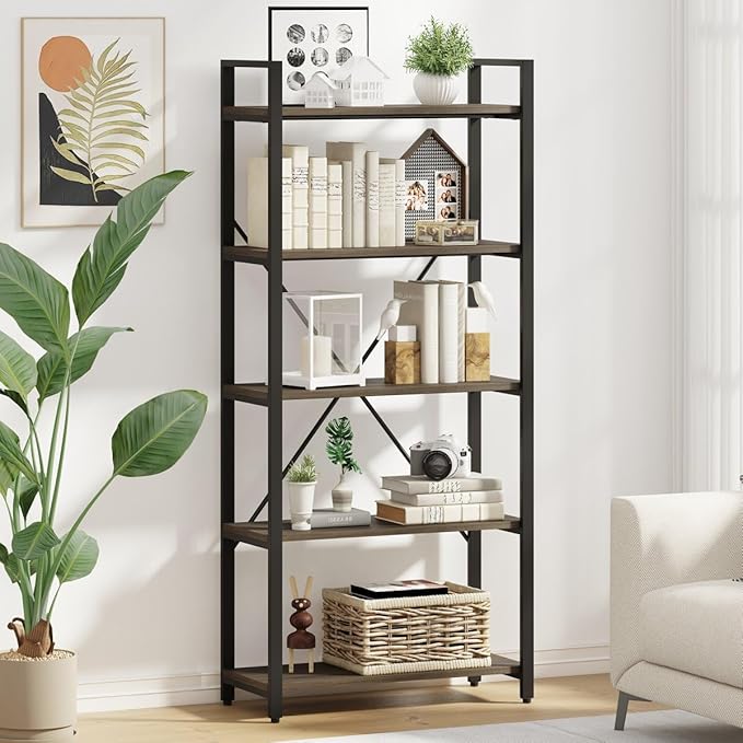 FATORRI 5 Tier Industrial Bookshelf, Rustic Etagere Bookcase for Display, Vintage Shelving Unit Wood and Metal Tall Book Shelves for Home Office (Walnut Brown)