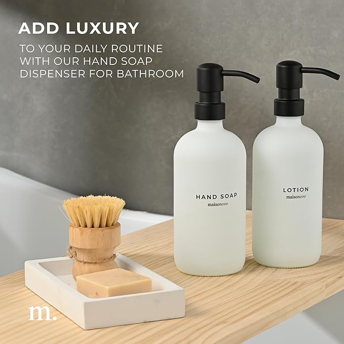MaisoNovo Soap Dispenser 3-Piece Set | 16.9oz White Bottles Black Plastic Pumps with Ceramic Tray