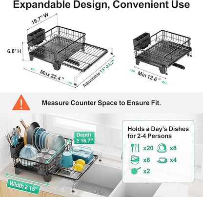 GSlife Expandable Dish Drying Rack and Sponge Holder Set, 2 Piece Large Capacity 2-in-1 Rust Resistant Dish Drainer and Adhesive Brush Holder and Soap Holder, Black