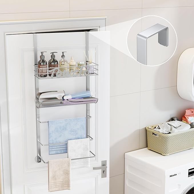SWTYMIKI Over The Door Towel Racks for Bathroom - 5-Tier Wall Mounted Bathroom Towel Storage Organizer Holder with Metal Shelf, Sliver