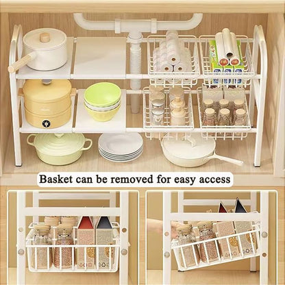 Under Sink Organizers, 2 Tier Stretchable Cabinet Shelf Organizer with 4 Removable Panels and 4 Under Shelf Basket for Under Bathroom Storage,Under Cabinet Shelves,kitchen Sink Storage Rack (white)